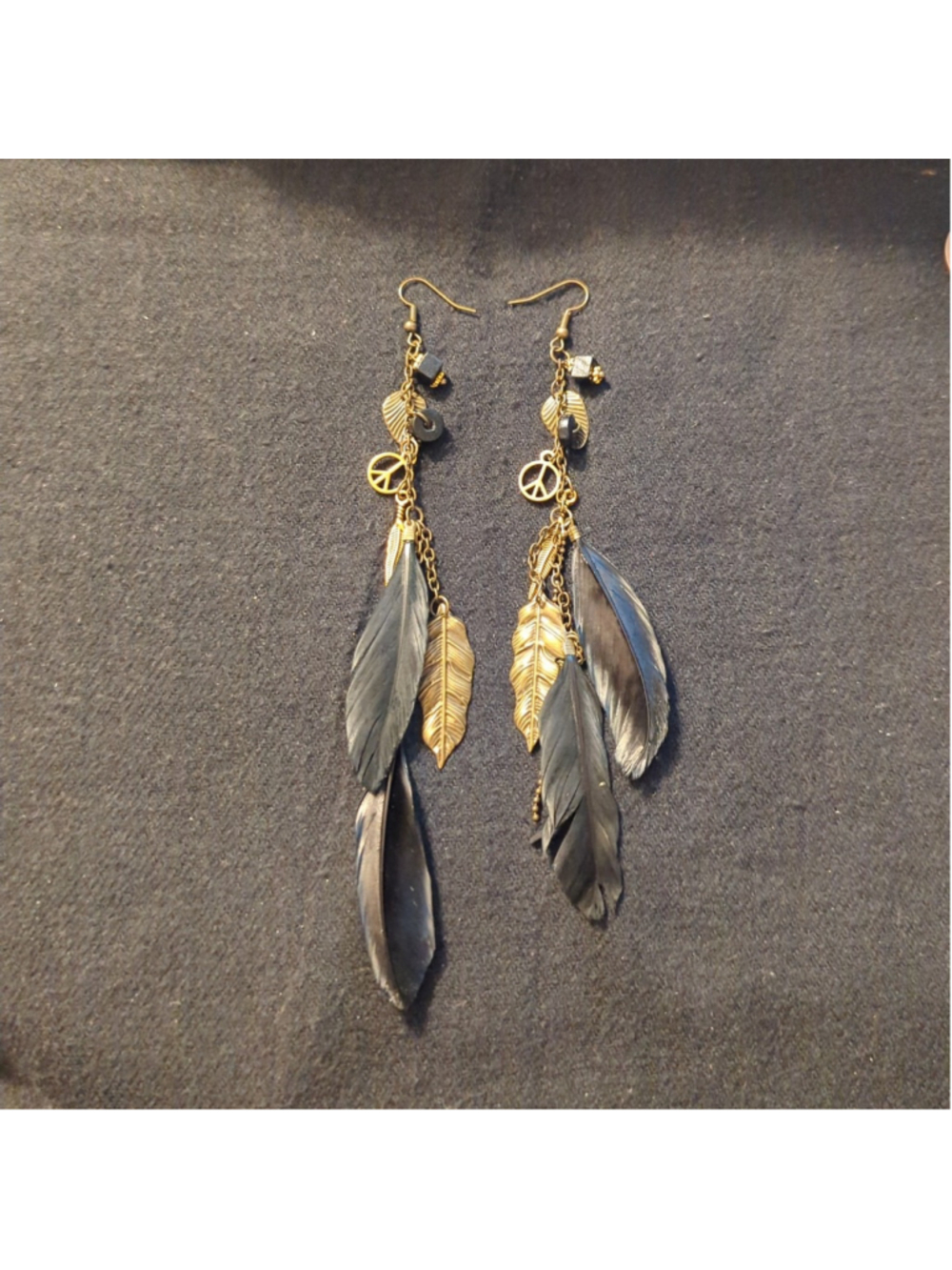 Bronze Tone Black Feather and Peace Sign Shoulder Duster Statement Earrings